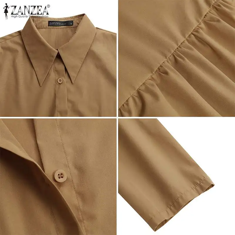 

Casual A Line Lapel Robe Femme Work OL Long Shirt Dress ZANZEA Streetwear Ruffle Vestidos Female Solid Kaftan Oversized