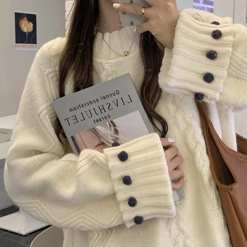 

Fashion 2020 Autumn Winter Women Sweater Korean Style Solid Color Knitted Pullovers Vintage Long Sleeve Female Chic Tops