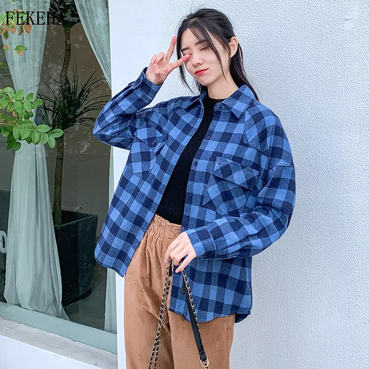 

Plaid Shirts Womens Blouses And Tops Autumn News Cotton Long Sleeve Loose Checked Female Clothes Two Pockets