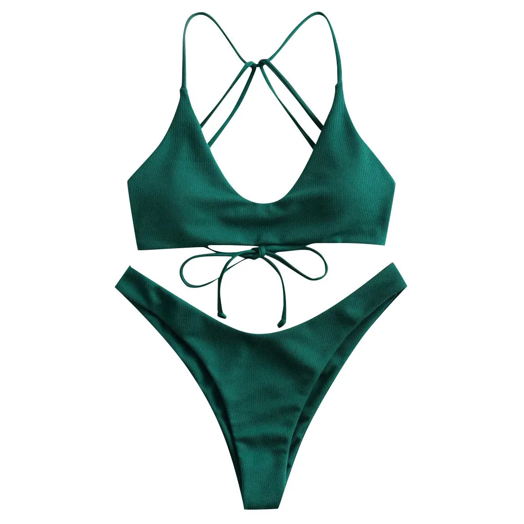 

Back Bikini Swimsuit Lace Up Piece Solid Set Women Two Bathing Suit Sexy Swimwears Tankinis Set