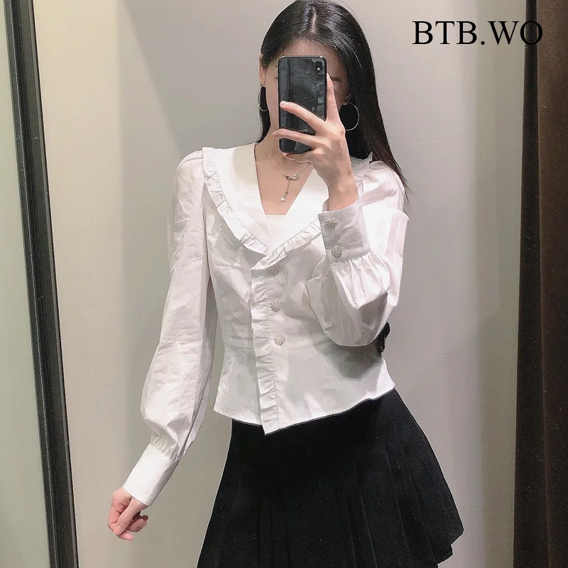 

BTB.WO Za Blouse Women White Blouse Women Office Wear Turn Down Collar Shirt Vintage Jewelry Buttons Casual Shirt Women Tops