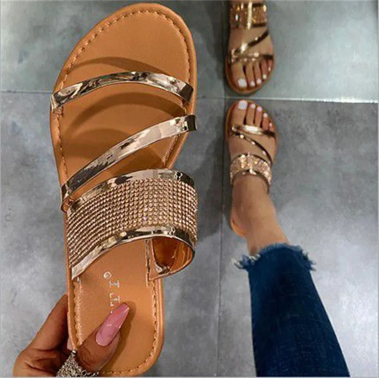 

2021 Summer Women's Shoes Plus Size 43 Fashion Glossy Rhinestone Sandals Slippers Female Summer Outdoor Casual Flat Slippers