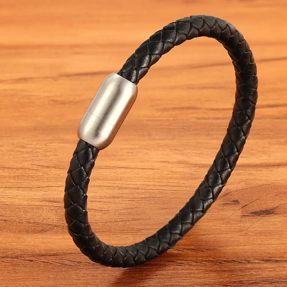 Fashion Simple Style Stainless Steel Men's Leather Bracelet Multi-color Black Leather Bangle For Boys Handsome Birthday Gift - Окраска металла: Steel
