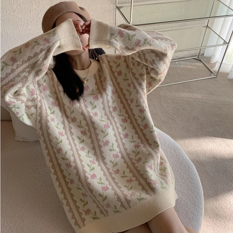 

Retro Flowers Lazy Style Sweater Women Autumn and Winter New Style Korean Loose Thin Casual Knitted Sweater Top