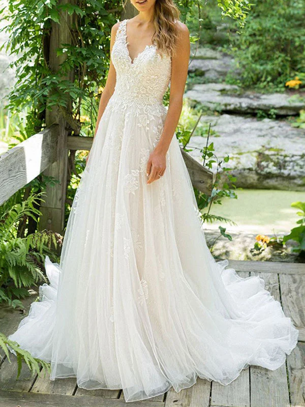 

Backless Vestido De Noiva Wedding Dresses A-line V-Neck Tulle Applique Beach Boho Dubai Arabic Wedding Gown Bridal