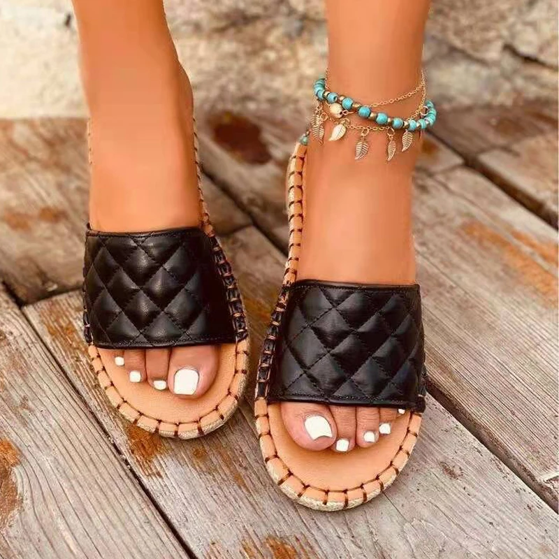 

YUKE Women Female Casual Plaid Basic Summer Slippers Ladies Shallow Comfortable Breathable Elegant Solid Open Toe Flats