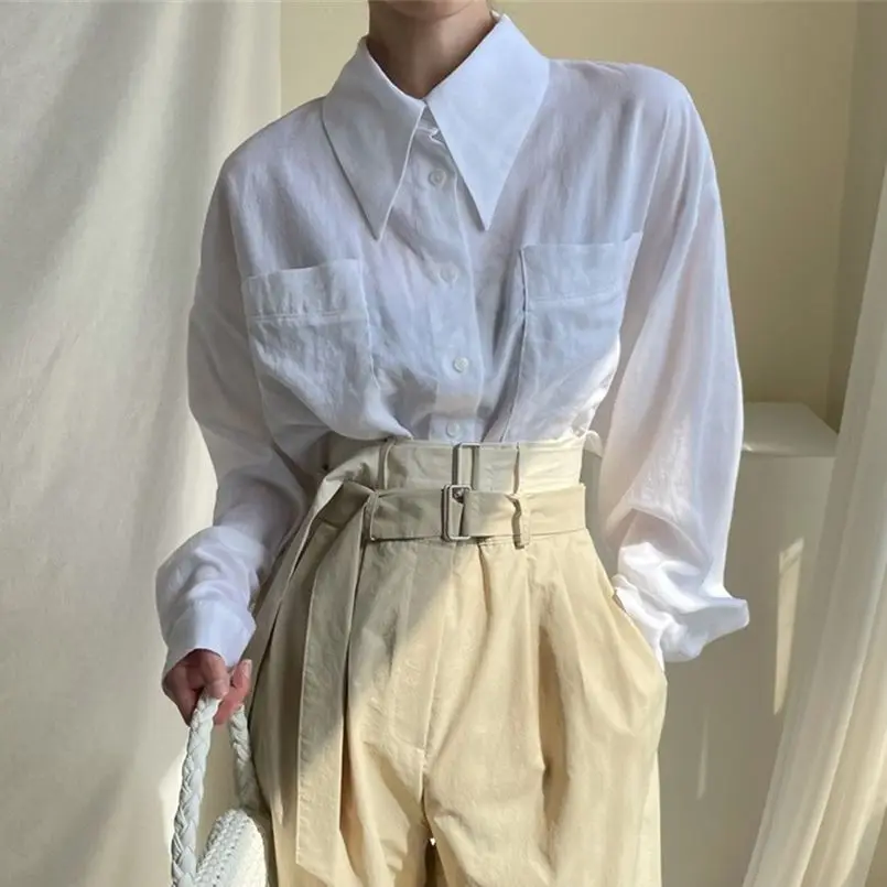 

HziriP Chic Cotton Shirts Unicolor Loose Lapel Vintage Streetwear Bottom Casual Full Sleeves Autumn 2021 Hot Sale Blouses Women