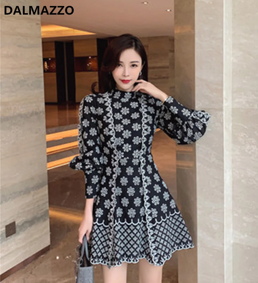 Vintage Print Snowflake Floral Women Lantern Long Sleeve Slim Mini Dress 2020 Autumn Ladies Runway Big Sizes Dresses Vestidos | Женская