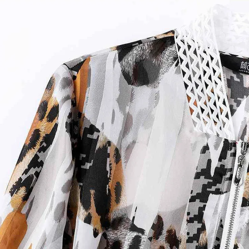 

Jackets Women's Plus Size Short Coats 2021 Spring Chiffon Leopard Prints Splicing Zipper Hollow Tops Skinny Thin Jacket Woman