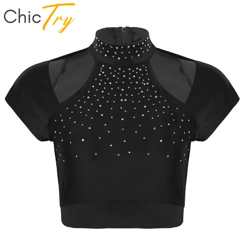 ChicTry блестящие стразы макет шеи короткий рукав Прозрачная сетка Сращивание