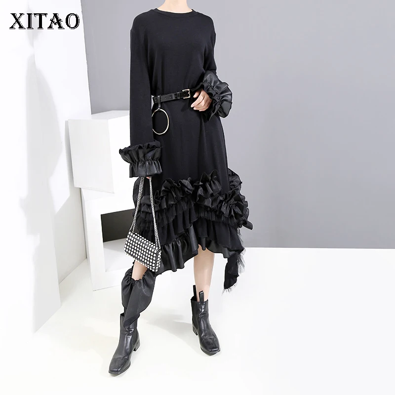 XITAO платье из искусственной кожи с неровным плетением и кружевным подолом