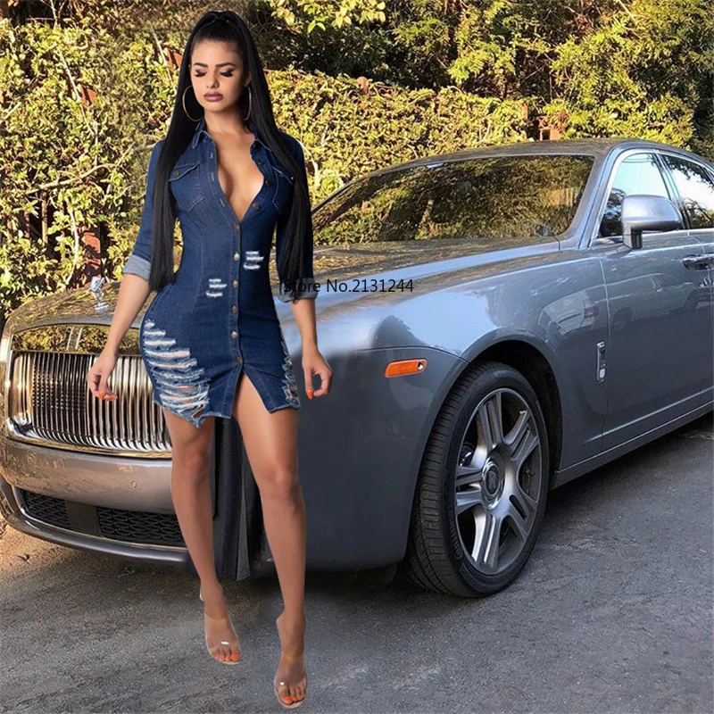 Женское сексуальное джинсовое платье с дырками и пуговицами отложной воротник