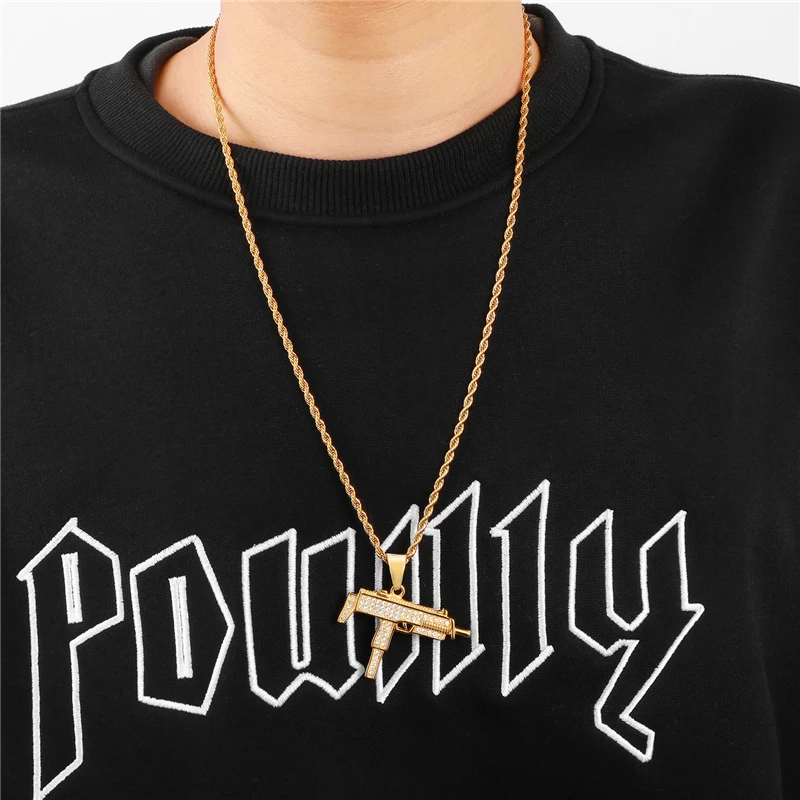 Iced Out Полный Стразы пистолет УЗИ форма кулон ожерелье s Bling Золото Цвет Нержавеющая сталь ожерелье для мужчин хип хоп ювелирные изделия