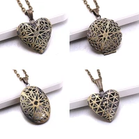 heart carved flower stripe locket pendant necklace women vintage ancient brass opening photo box jewelry romantic gift