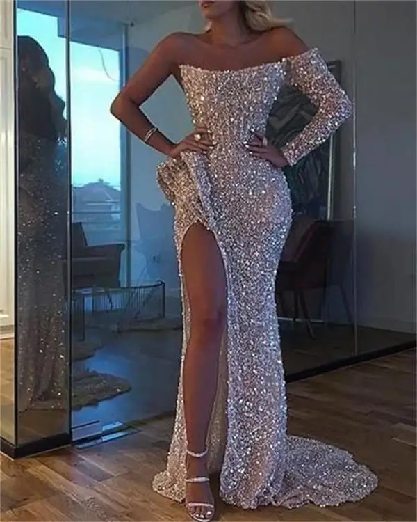 Sparkly Sliver Long Mermaid Prom Dresses 2020 New Sleeve Split Side Pleats Sequined Formal Evening Dress Party | Свадьбы и торжества