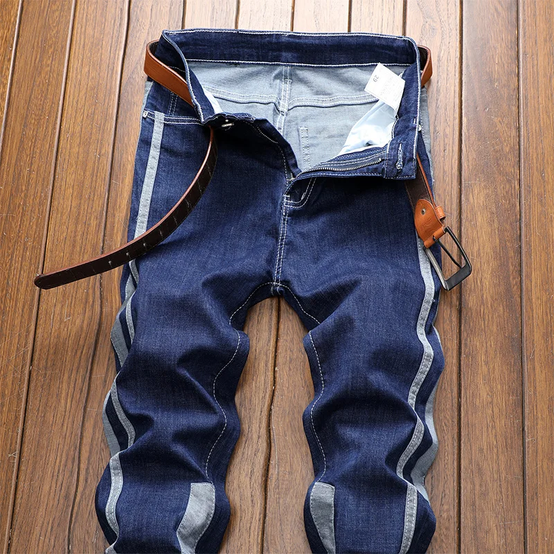 

New Men's Stretch High Street Jeans Two Tone Design Color Contrast Slim Male Denim Trousers Fashion Brand Clothing