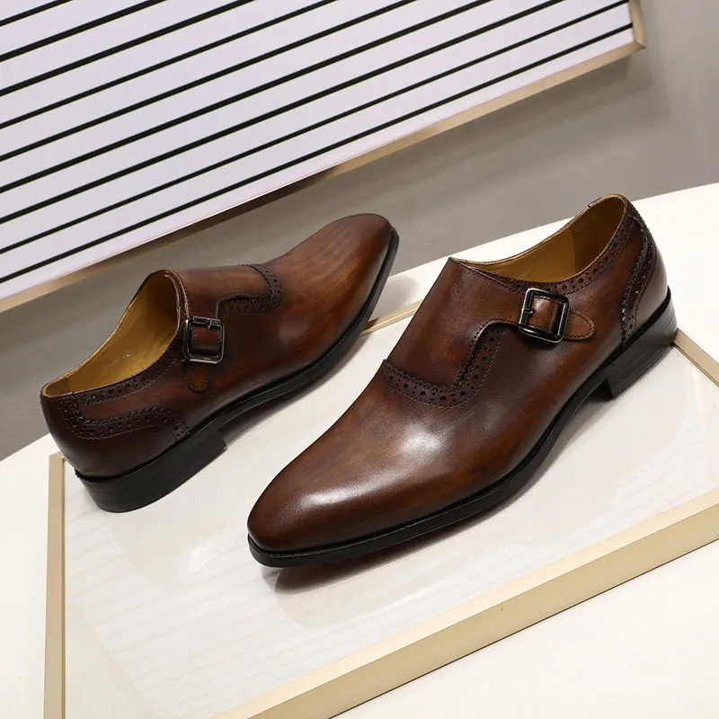 Мужские классические туфли высокого качества коричневые из натуральной кожи с