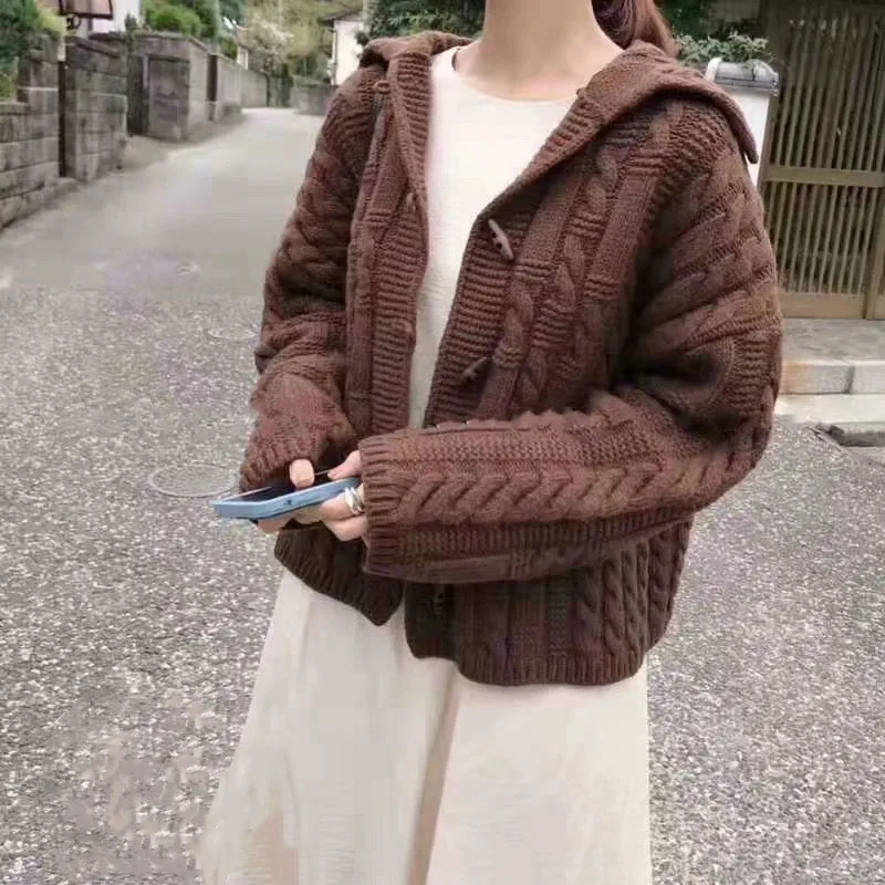 Knitted wool sweater female winter 2019 new Korean version of the loose long sleeved horn buckle rod women's cardigan |