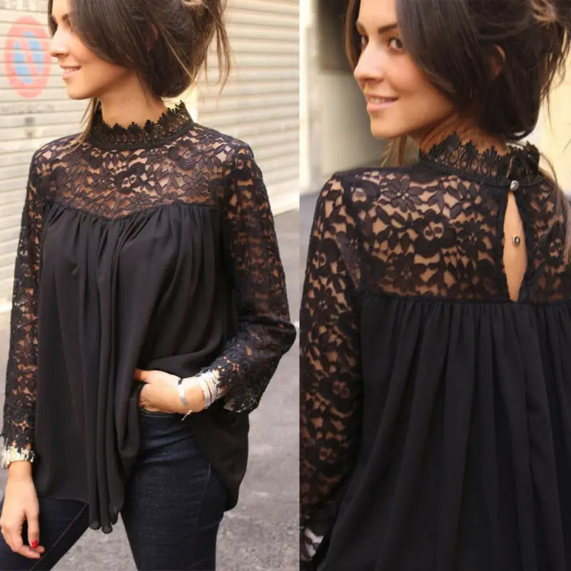 Женская Летняя туника с длинным рукавом кружевная блузка цветочным принтом