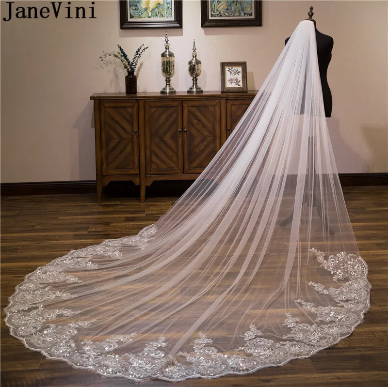 JaneVini Shiny Sequined Wedding Veils Long with Comb Ivory White One Layer Lace Edge 3M Cathedral bridal veil voile de mariee | Свадьбы и