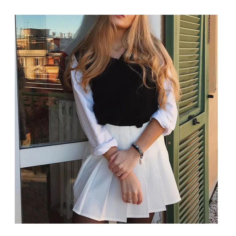 

Artsnie Spring 2021 High Waist Short Pleated Dress Women Streetwear Casual Summer White Knitted Ladies Mini Skirts Jupe Femme