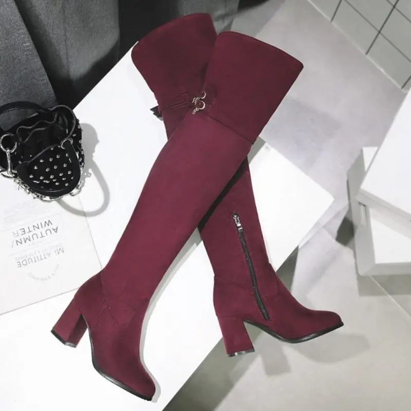 

KemeKiss Thigh High Boots For Women High Heels Stretch Shoes Women Metal Buckle Round Toe Zipper Over Knee Boots Size 34-39