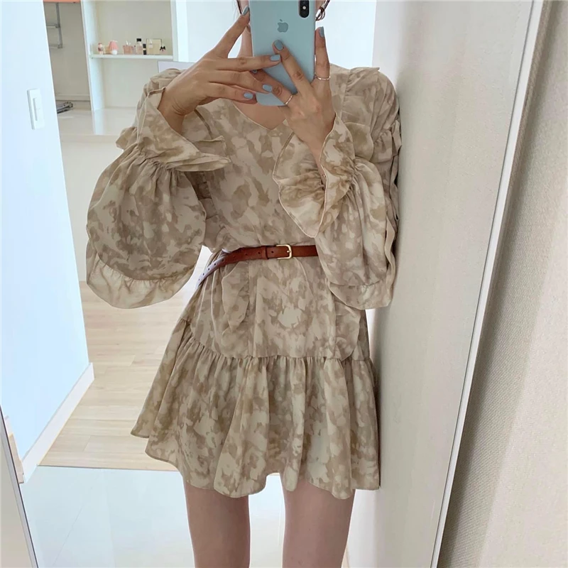 

Женское свободное платье с поясом, платье с V-образным вырезом, оборками и Расклешенным рукавом, новинка 2021