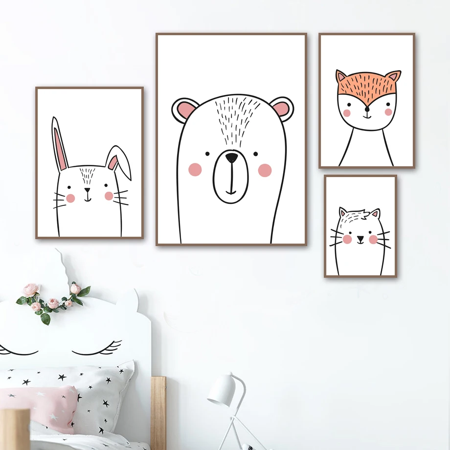 

Cartoon Hand-Painted Sense Animal Rabbit Fox Cute Children's Room Hanging Painting Living Room Decoration Canvas Painting Wall
