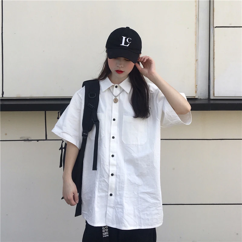 

Рубашка мужская Классическая однотонная, Повседневная Свободная блуза с короткими рукавами, на пуговицах, Корейская летняя одежда в стиле ...