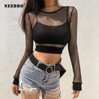 needbo sexy black hollow out mesh t shirt female short see through bottoming top lace up perspective long sleeve tops t shirt