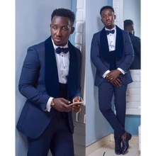 Traje azul marino para hombre, esmoquin de terciopelo con solapa para novio, traje de fiesta de boda, traje (Blazer + chaleco + Pantalones), 3 piezas (1)