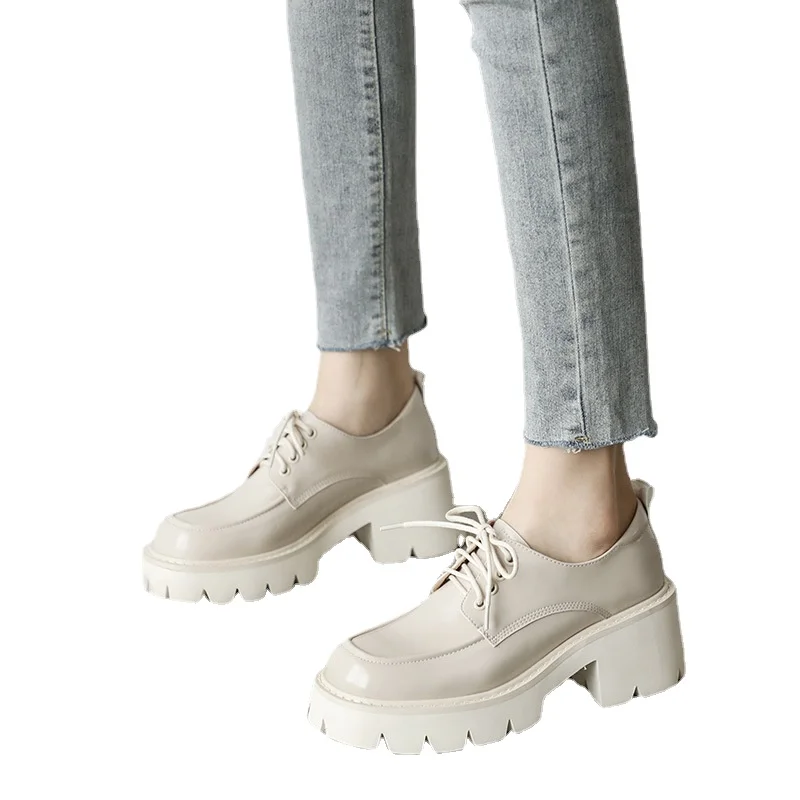

Ladies New Shoes Small Leather Shoes Female Square Toe Lace up Increased White Thin Shoes British Platform Platform Shoes