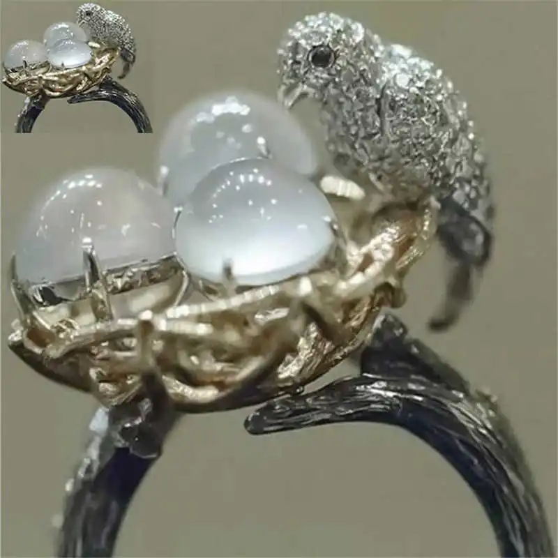 

Женское и мужское Винтажное кольцо с лунным камнем, креативное кольцо с птицей, размер 6-10