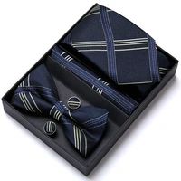 wholesale new design gift holiday tie bowtie hanky cufflinks set for men silk gold brown floral necktie gravate handkerchief