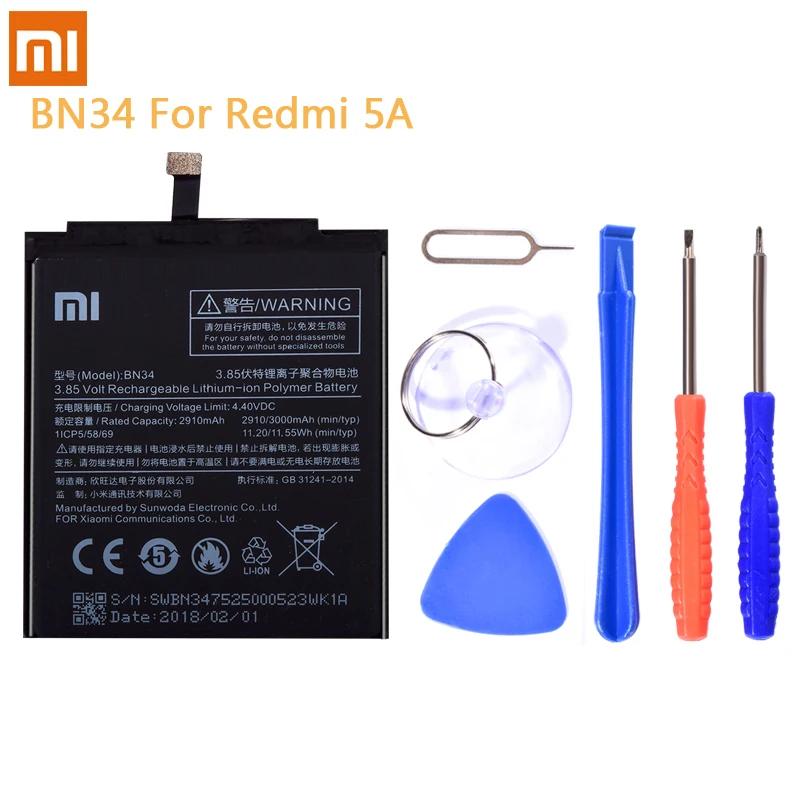 BN34 For Redmi 5A BN34 BN30 BM47 BM22 BM36 Батарея для спортивной камеры Xiao mi Red mi 5A 4A 3 3S 4X mi 5 5S mi 5 mi 5S сменная батарея литий-полимерные батареи - Цвет: BN34 For Redmi 5A