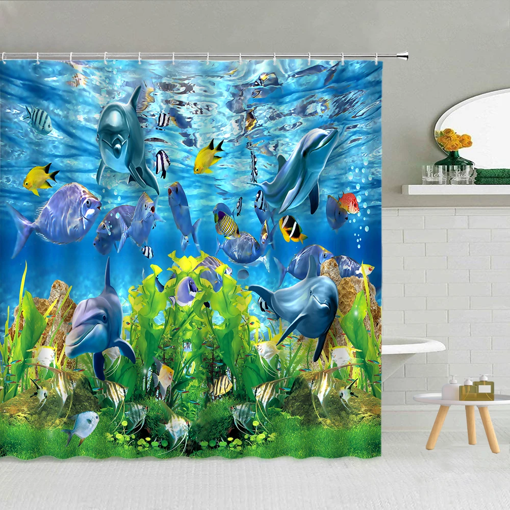 

Underwater Animals World Scenery Shower Curtain Dolphin Colored Fish Coral Blue Sea View Bathroom Decor Fabric Hooks Curtains