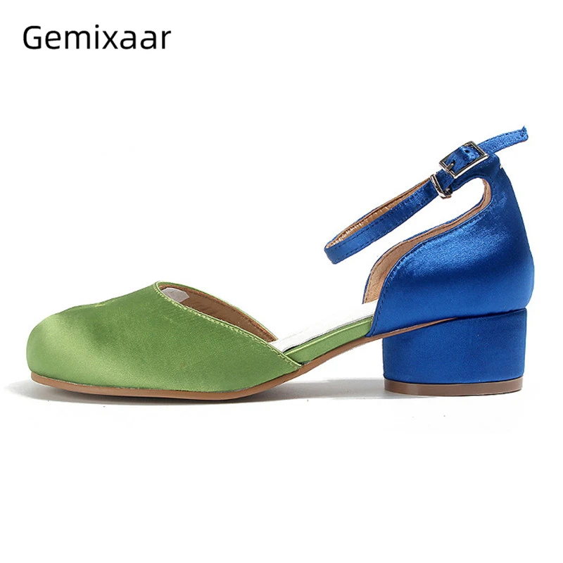 

Luxury Mixed Color Patchwork Women Pumps Ankle Strap Med Round Heels Individual Split Toe Side Cut Out Real Leather Shoes Woman