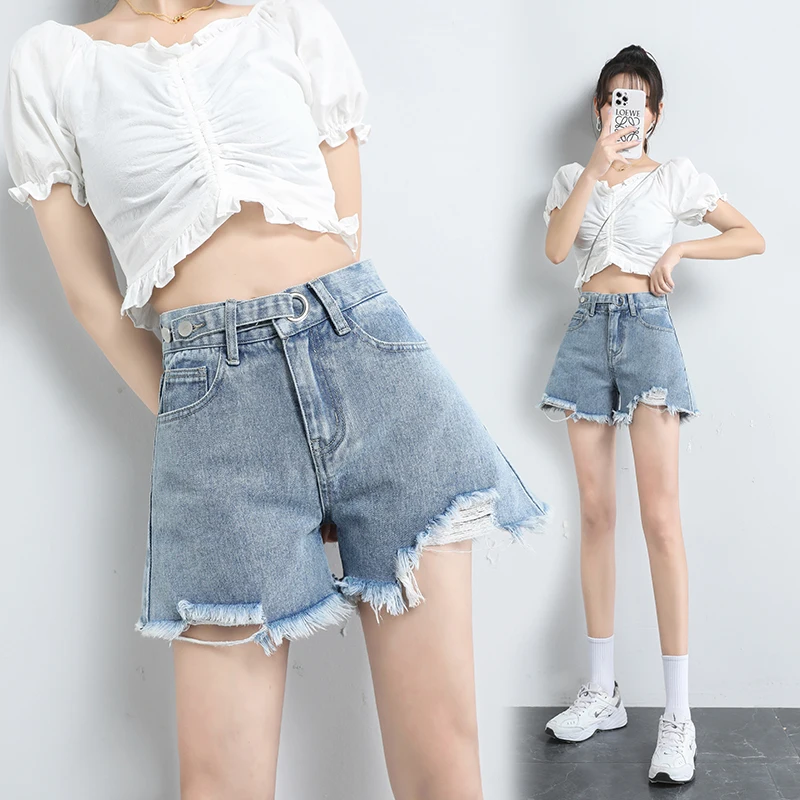 

Новинка 2021, весенние женские шорты с завышенной талией, свободные трапециевидные брюки в гонконгском стиле, модные джинсовые шорты