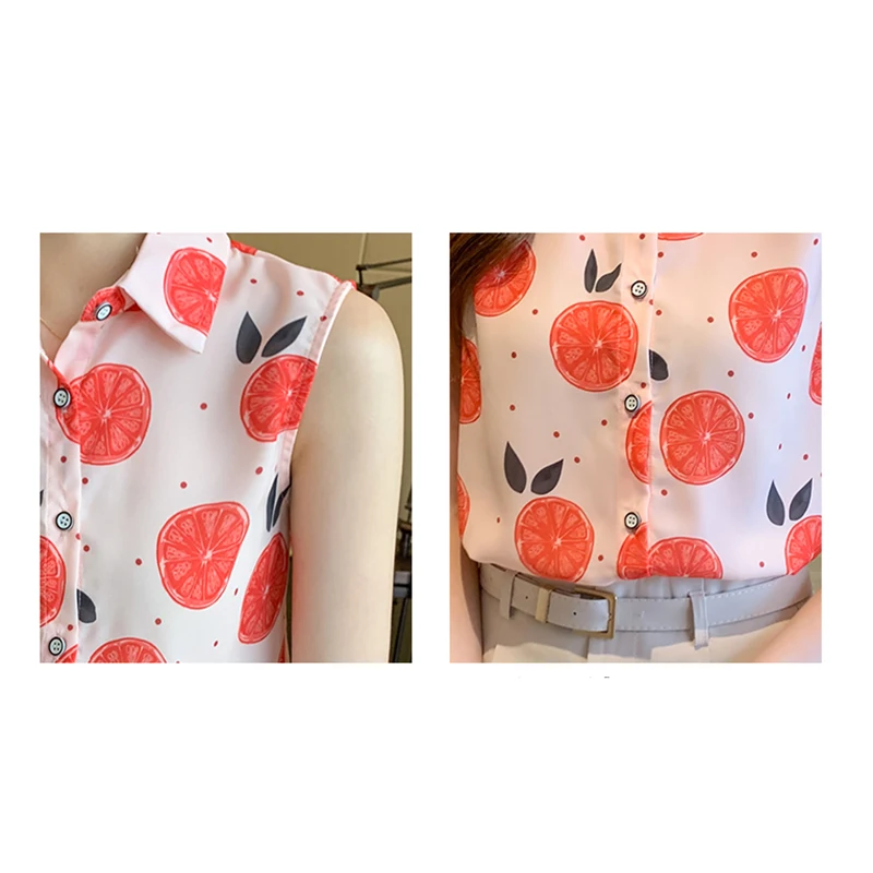 

Print Sleeveless Chiffon Blouses Turn-down Collar Beach Style Button Women Shirts 2021 Summer Tops Woman Clothes Chemisier Femme