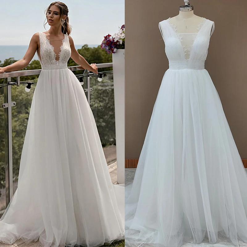 

10166# Deep V-Neck Wedding Dresses Lace Sleeveless Sweep Train A-Line Backless Bridal Dress Arabic Wedding Gowns vestido novia