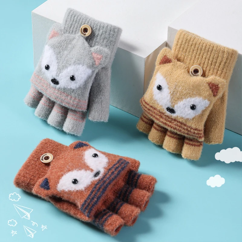 

Toddler Kids Winter Knitted Convertible Gloves Christmas Cartoon Fox Warm Soft Lined Flip Top Fingerless Mittens Baby Gloves