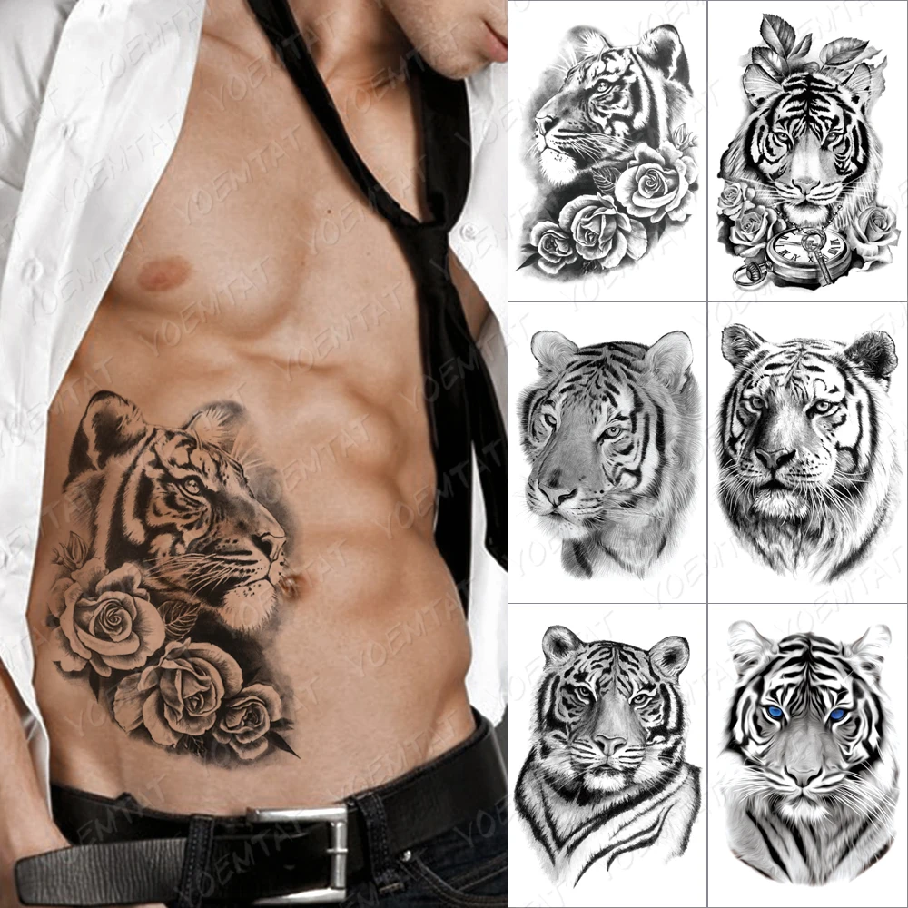 

Wild Animal Tiger Temporary Tattoo Sticker For Men Women Lion Wolf Fox Waterproof Fake Henna Owl Flowers Clock Body Art Tatoo