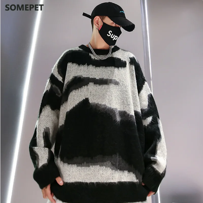 Mens Autumn Casual Sweaters Pattern Trendy Loose Sweaters Hip Hop Knit Pullover Winter Casual Black Sweaters Men