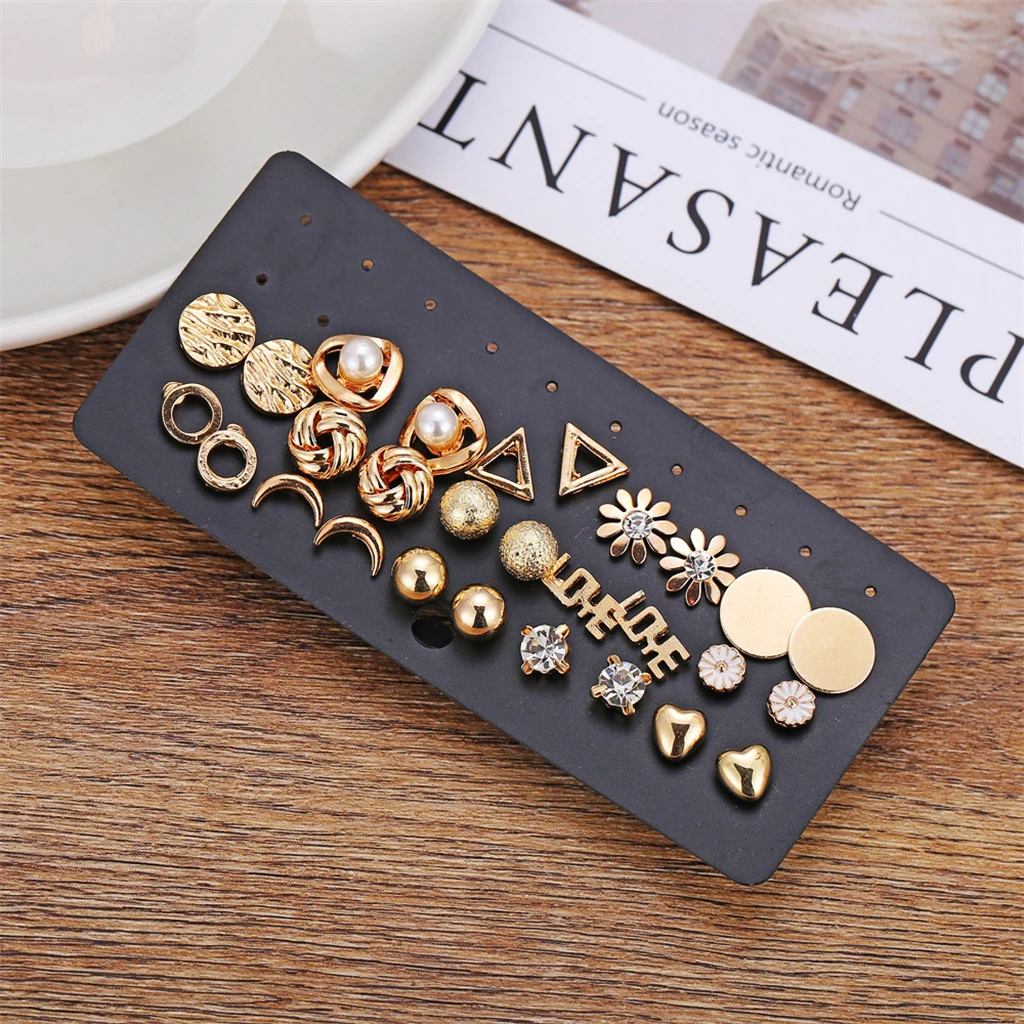 

【Q2D2044】28pcs/set moon flower rhinestone earrings creative retro daisy earrings