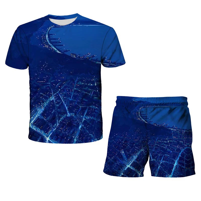 

Boys Girls Clothes Summer T-shirt 3D nature landscape kids T-shirt Children Short-sleeve Suit Casual top + Shorts Baby Suit