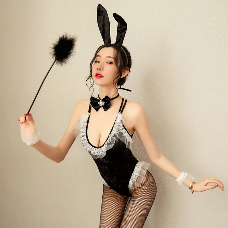 

New Sexy Popula Lingerie Mesh Lace Backless Cross-Strap Velvet Bunny Uniform Three-Point Jumpsuit Cosplay Temptation Suit