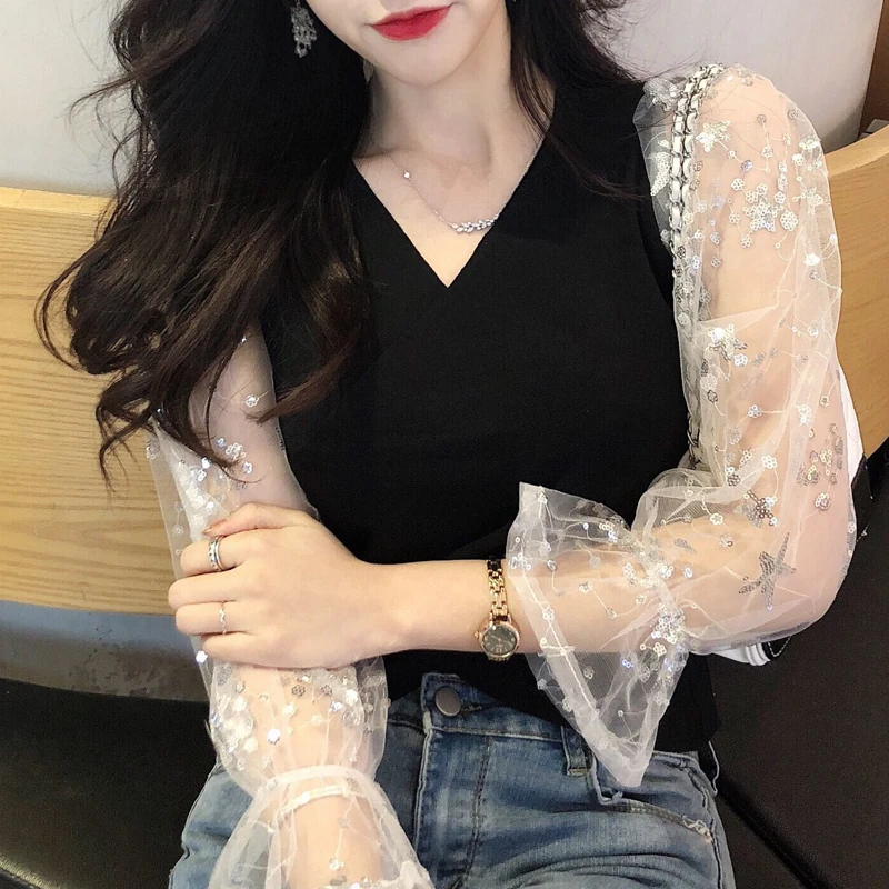 

Blouses Women V Neck See Through Sheer Mesh Sequins Shirts Summer Puff Long Sleeve Casual Tops For Girls