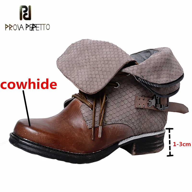 

Prova Perfetto Cow Leather Women's Ankle Boots Retro Do Old Mixed Colors Metal Decoration Buckle Strap Zipper Lady Casual Shoes