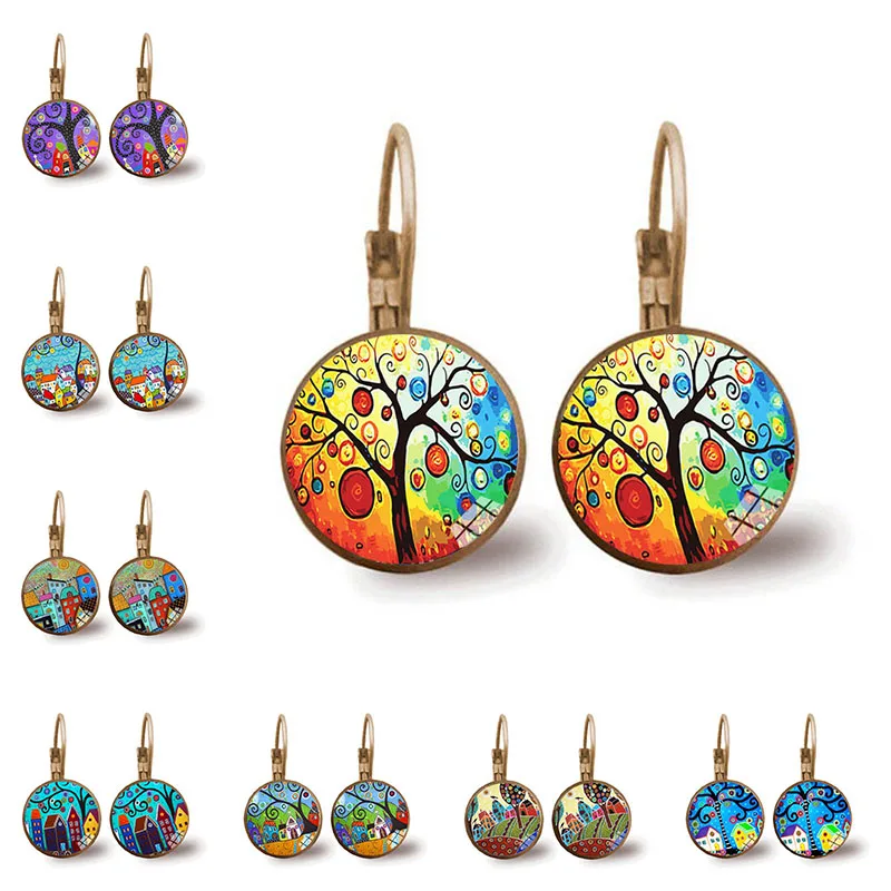 

2021 New Arrivals Colorful Tree Women's Earrings Abstract Oil Painting House Glass Cabochon Women's Earrings