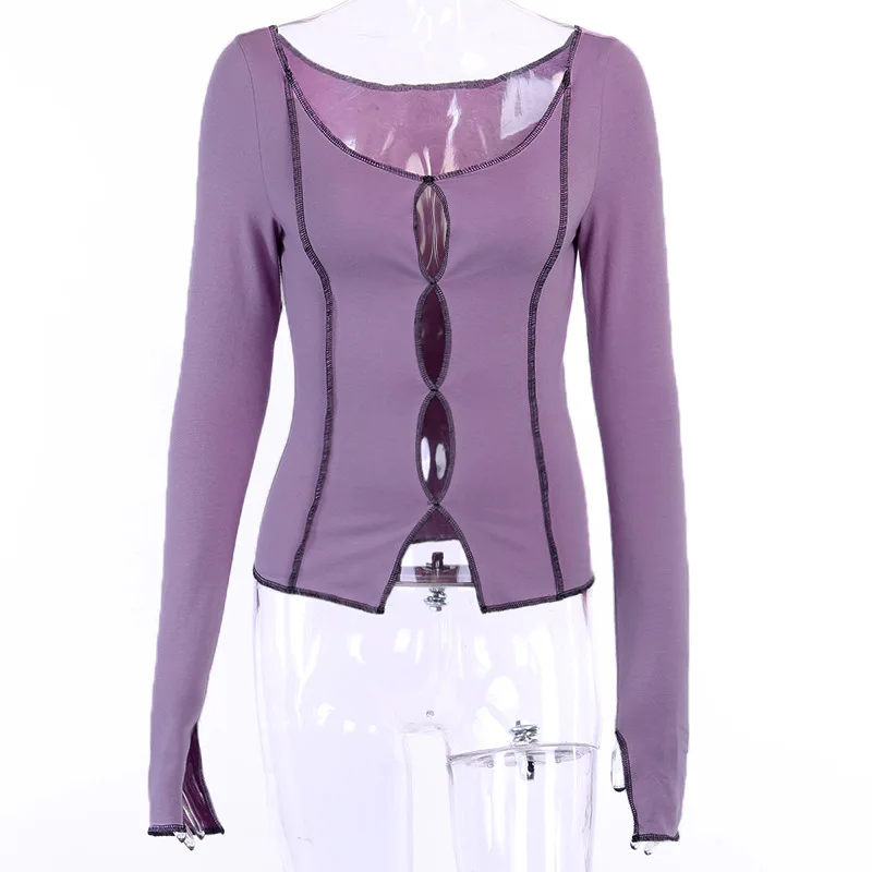 

Purple Top Women Long Sleeve Top Shirts 2020 Hollow Out Slit Hem Autumn Streetwear Slim Cotton Ladies Casual Patchwork